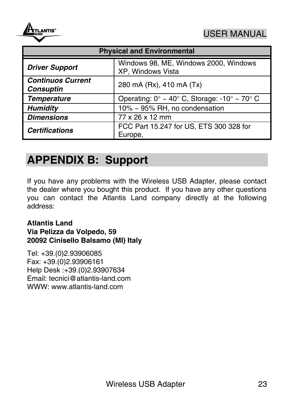 Support, Appendix b: support, User manual | Atlantis Land NetFly Wireless USB Adapter USB 54 User Manual | Page 23 / 24