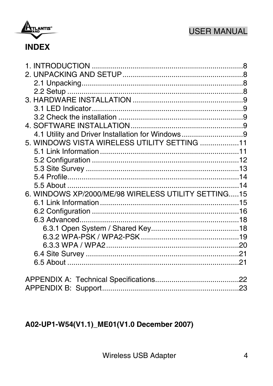 Index | Atlantis Land NetFly Wireless USB Adapter USB 54 User Manual | Page 4 / 24