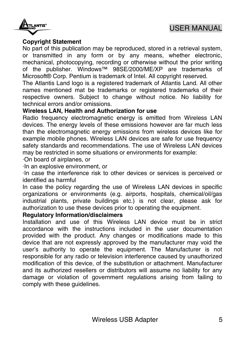 Disclaimers | Atlantis Land NetFly Wireless USB Adapter USB 54 User Manual | Page 5 / 24