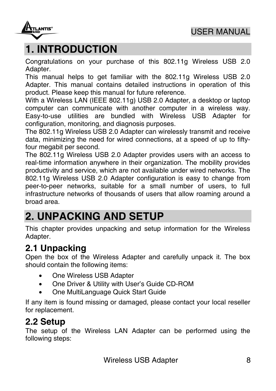Manual, Introduction, Unpacking and setup | 1 unpacking, 2 setup | Atlantis Land NetFly Wireless USB Adapter USB 54 User Manual | Page 8 / 24