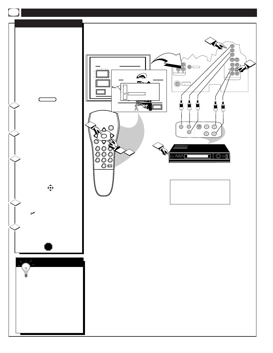 Sing the, Udio, Ideo | Nput, Acks, Continued, Video out jacks from the dvd player to the (y p, Stop, Mart | Philips 9P5514C199 User Manual | Page 30 / 36