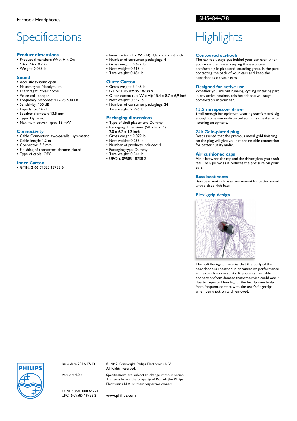 Specifications, Highlights | Philips SHS4844-28 User Manual | Page 2 / 2