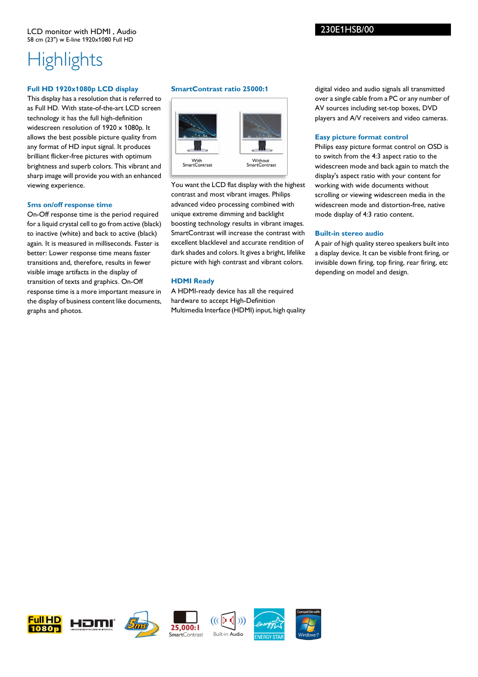 Highlights | Philips 230E1HSB-00 User Manual | Page 2 / 3