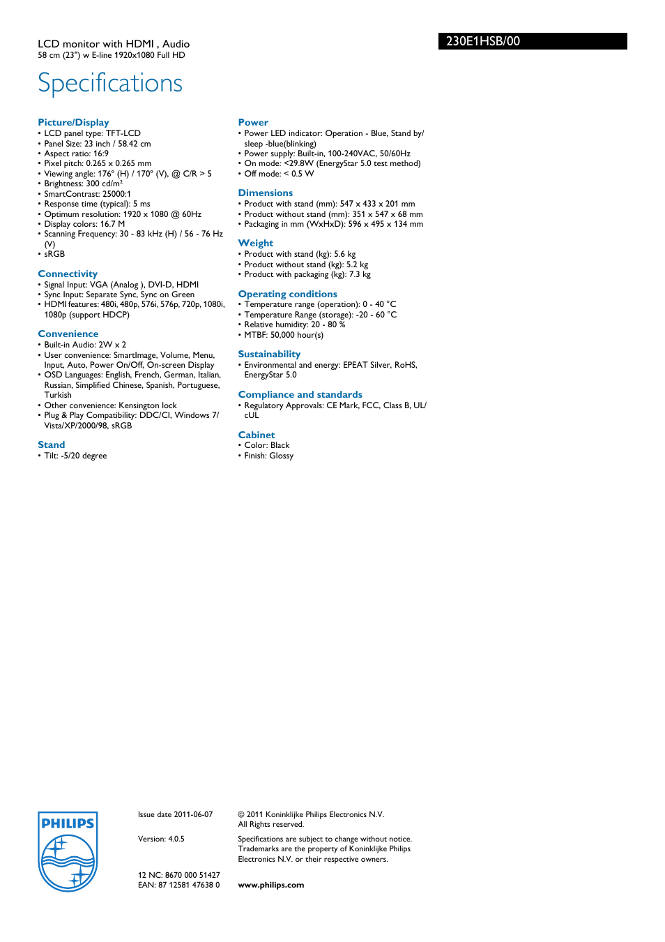 Specifications | Philips 230E1HSB-00 User Manual | Page 3 / 3