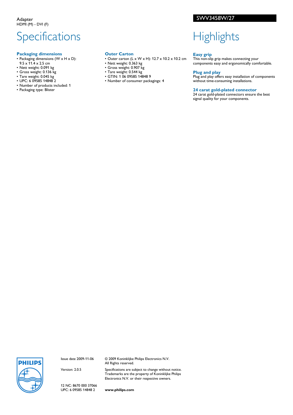 Specifications, Highlights | Philips SWV3458W-27 User Manual | Page 2 / 2