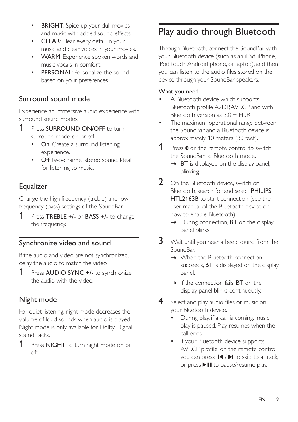 Play audio through bluetooth | Philips HTL2163B-F7 User Manual | Page 11 / 20