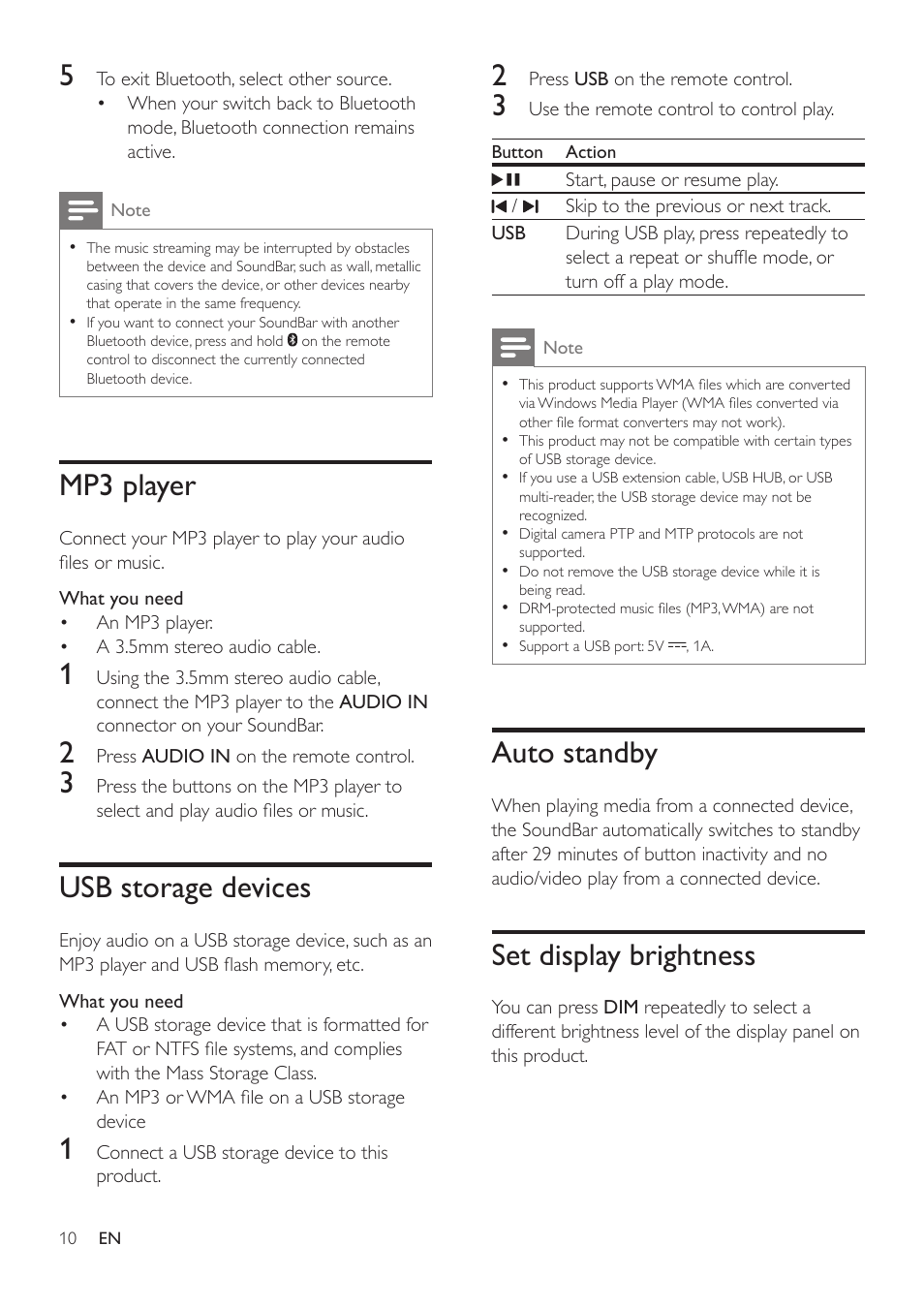 Mp3 player, Usb storage devices, Auto standby | Set display brightness | Philips HTL2163B-F7 User Manual | Page 12 / 20