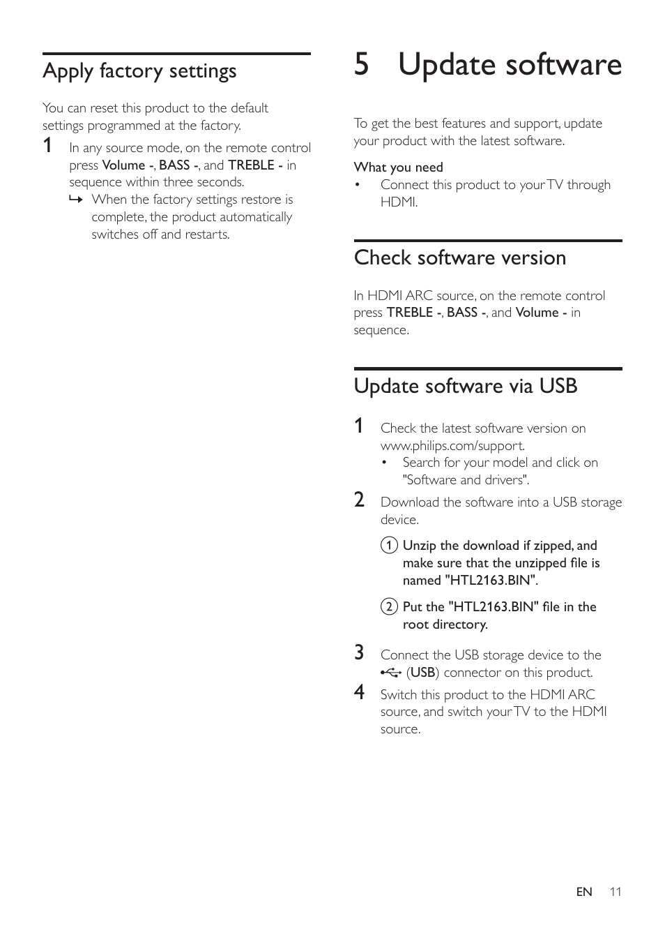 Apply factory settings, 5 update software, Check software version | Update software via usb, Update software via usb 1 | Philips HTL2163B-F7 User Manual | Page 13 / 20