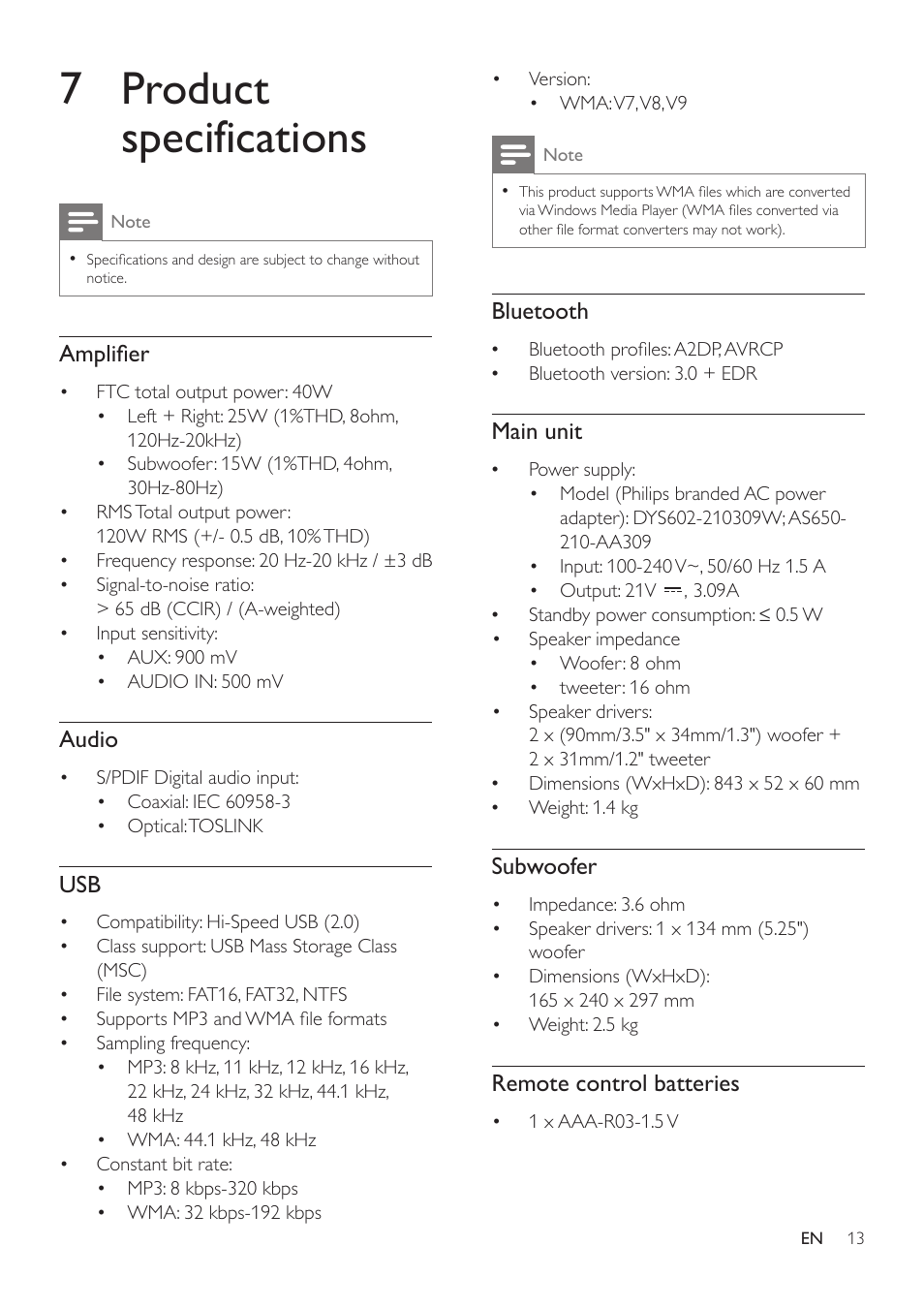 7 product specifications | Philips HTL2163B-F7 User Manual | Page 15 / 20