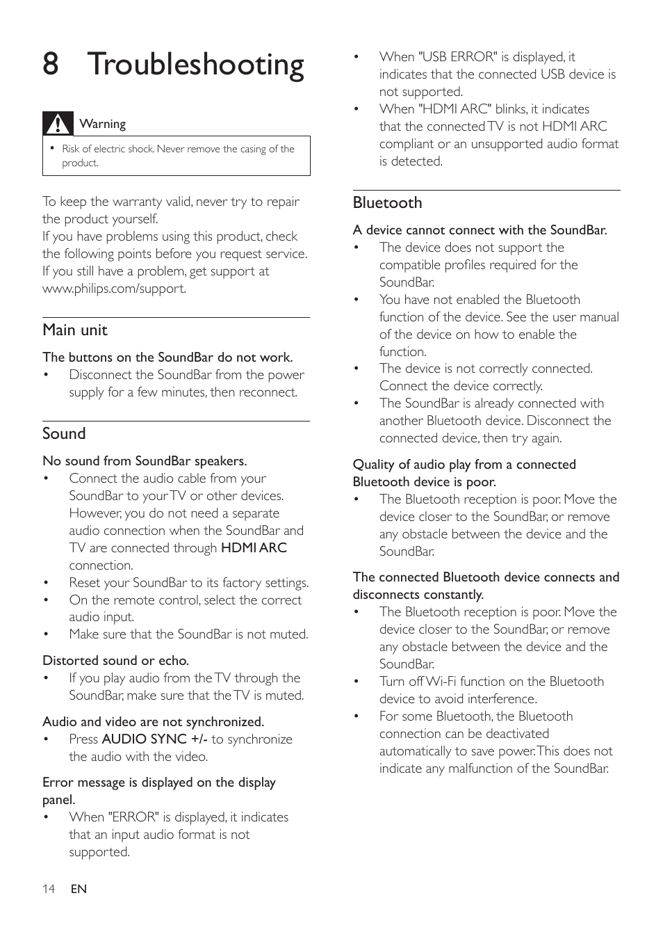 8 troubleshooting, Main unit, Sound | Bluetooth | Philips HTL2163B-F7 User Manual | Page 16 / 20