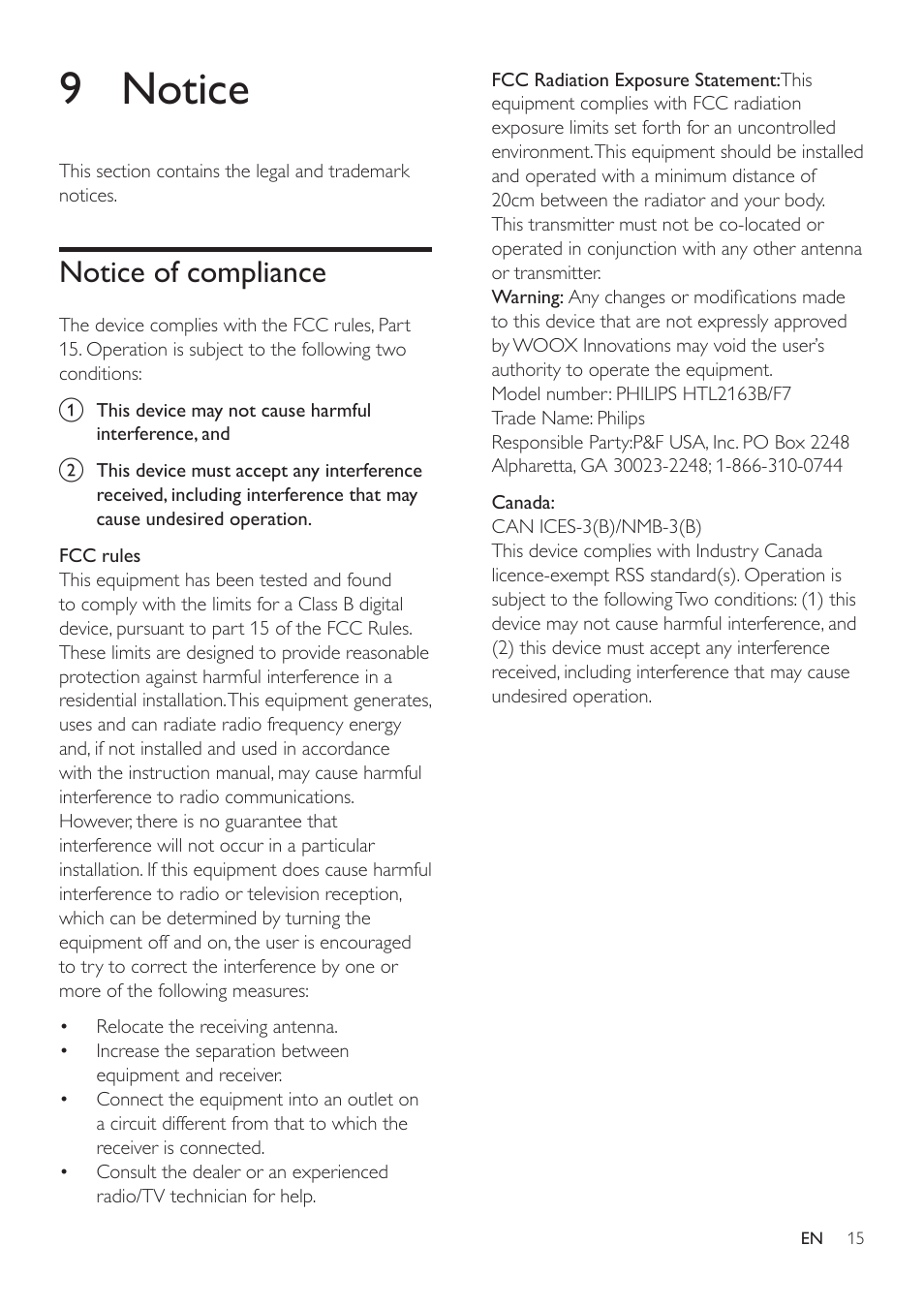 9 notice, Notice of compliance | Philips HTL2163B-F7 User Manual | Page 17 / 20