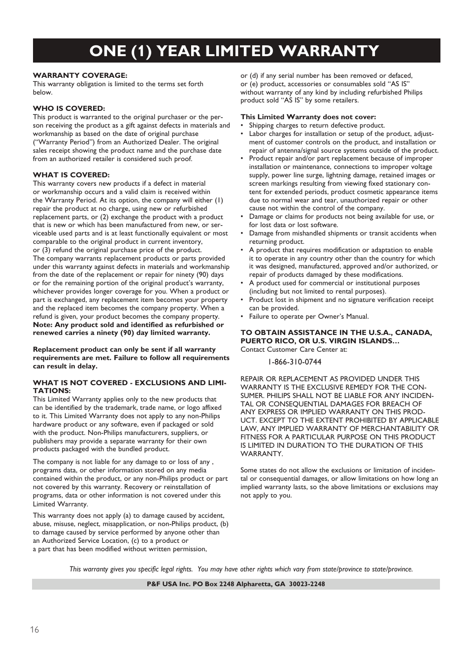 One (1) year limited warranty | Philips HTL2163B-F7 User Manual | Page 18 / 20