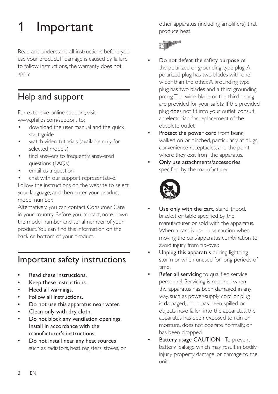 1 important, Help and support, Important safety instructions | Philips HTL2163B-F7 User Manual | Page 4 / 20