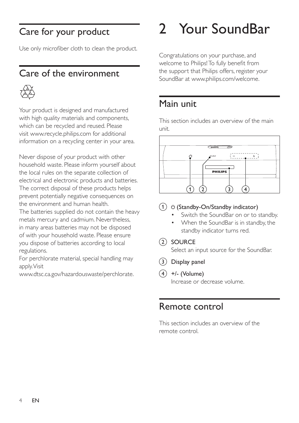 Care for your product, Care of the environment, 2 your soundbar | Main unit, Remote control | Philips HTL2163B-F7 User Manual | Page 6 / 20