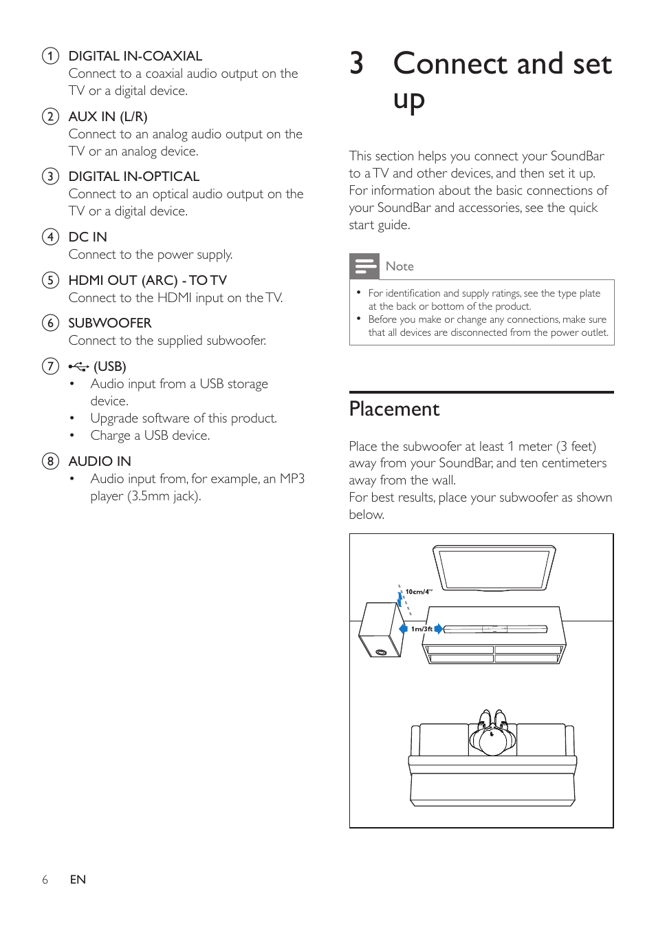 3 connect and set up, Placement | Philips HTL2163B-F7 User Manual | Page 8 / 20