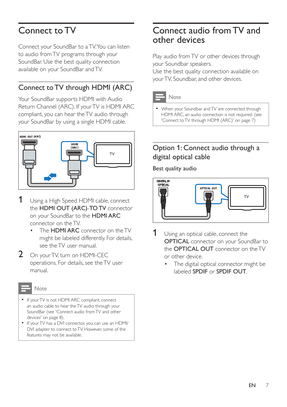 Connect to tv, Connect audio from tv and other devices, Connect audio from tv and other devices 7 | Philips HTL2163B-F7 User Manual | Page 9 / 20