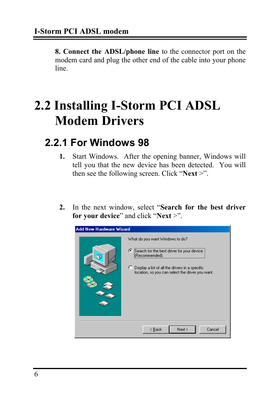 2 installing i-storm pci adsl modem drivers, 1 for windows 98 | Atlantis Land I-Storm User Manual | Page 10 / 30