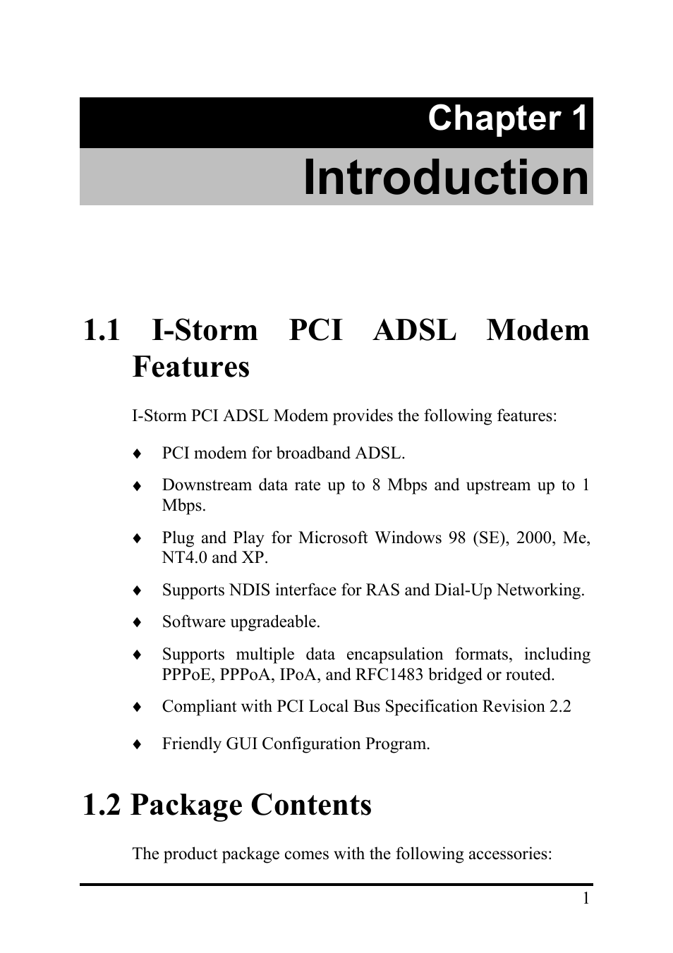 Introduction, Chapter 1, 1 i-storm pci adsl modem features | 2 package contents | Atlantis Land I-Storm User Manual | Page 5 / 30