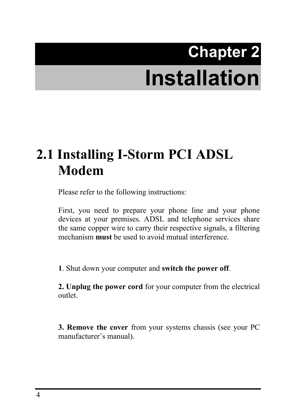 Installation, Chapter 2, 1 installing i-storm pci adsl modem | Atlantis Land I-Storm User Manual | Page 8 / 30