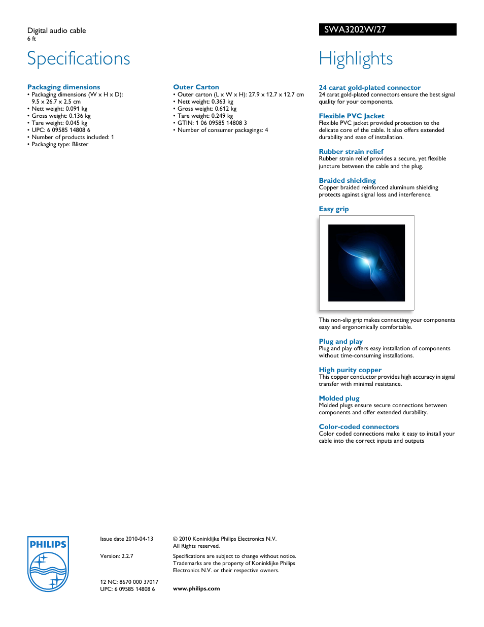 Specifications, Highlights | Philips SWA3202W-27 User Manual | Page 2 / 2
