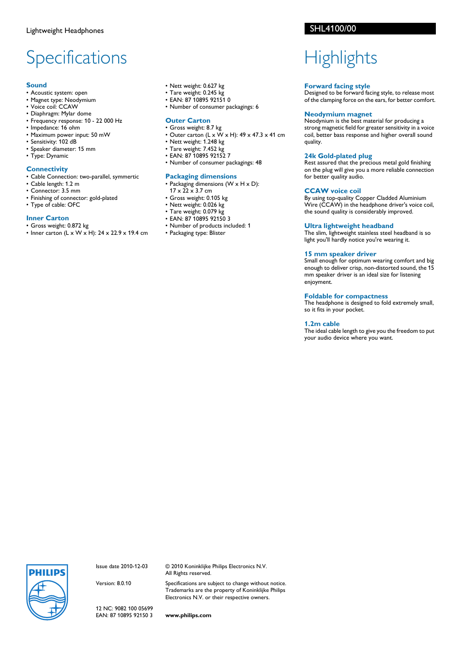 Specifications, Highlights | Philips SHL4100-00 User Manual | Page 2 / 2