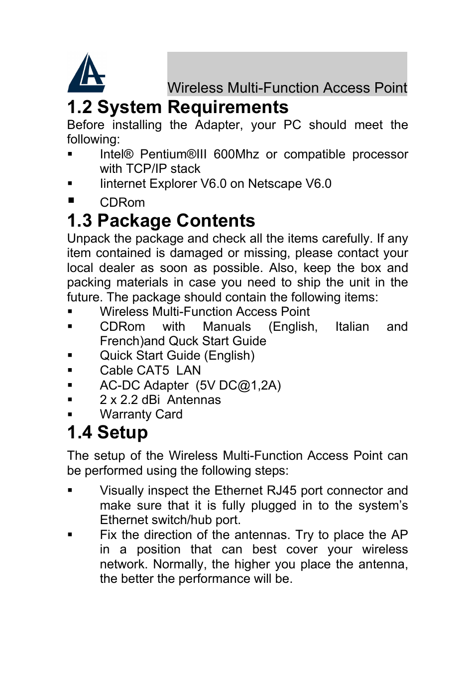 2 system requirements, 3 package contents, 4 setup | Atlantis Land A02-AP-W54_GE01 User Manual | Page 5 / 12