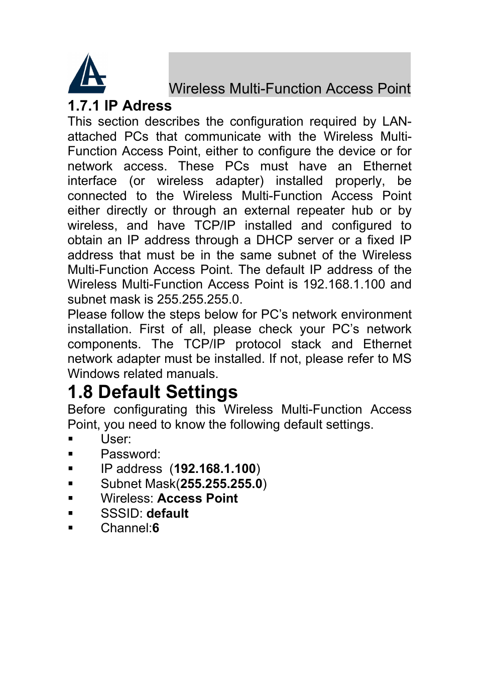 8 default settings | Atlantis Land A02-AP-W54_GE01 User Manual | Page 9 / 12