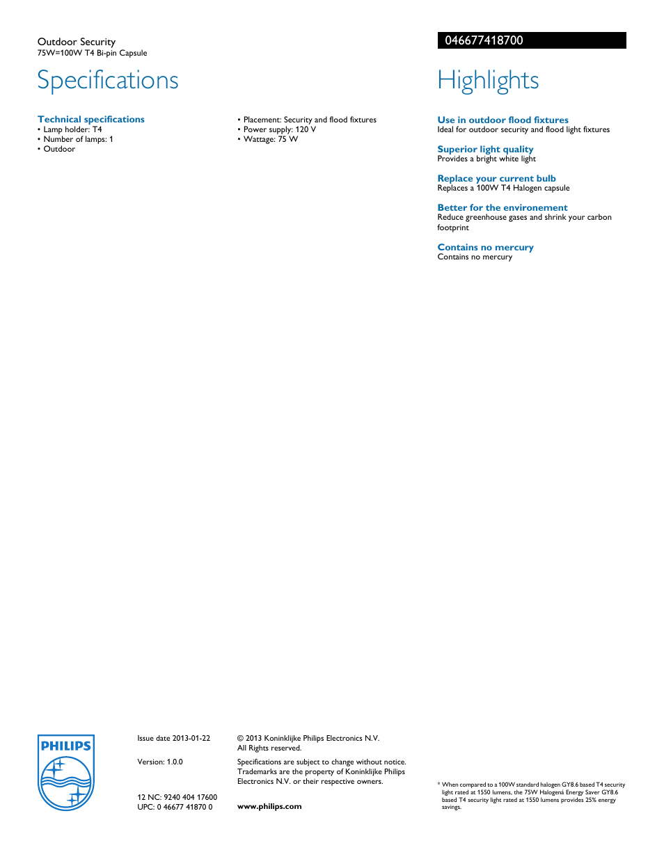 Specifications, Highlights | Philips 046677418700 User Manual | Page 2 / 2