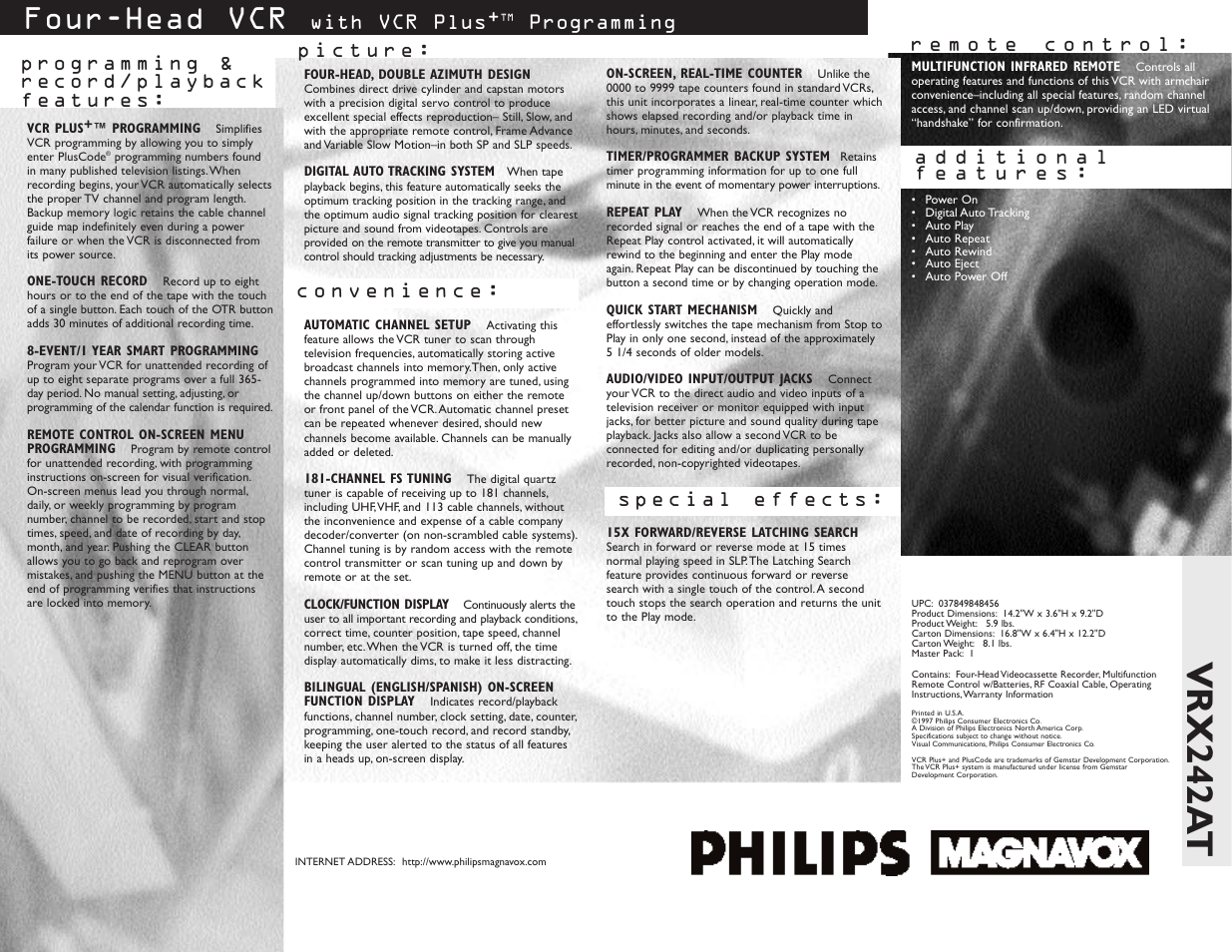 Vrx242a t, Four-head vcr, With vcr plus | Programming | Philips VRX242AT User Manual | Page 2 / 2