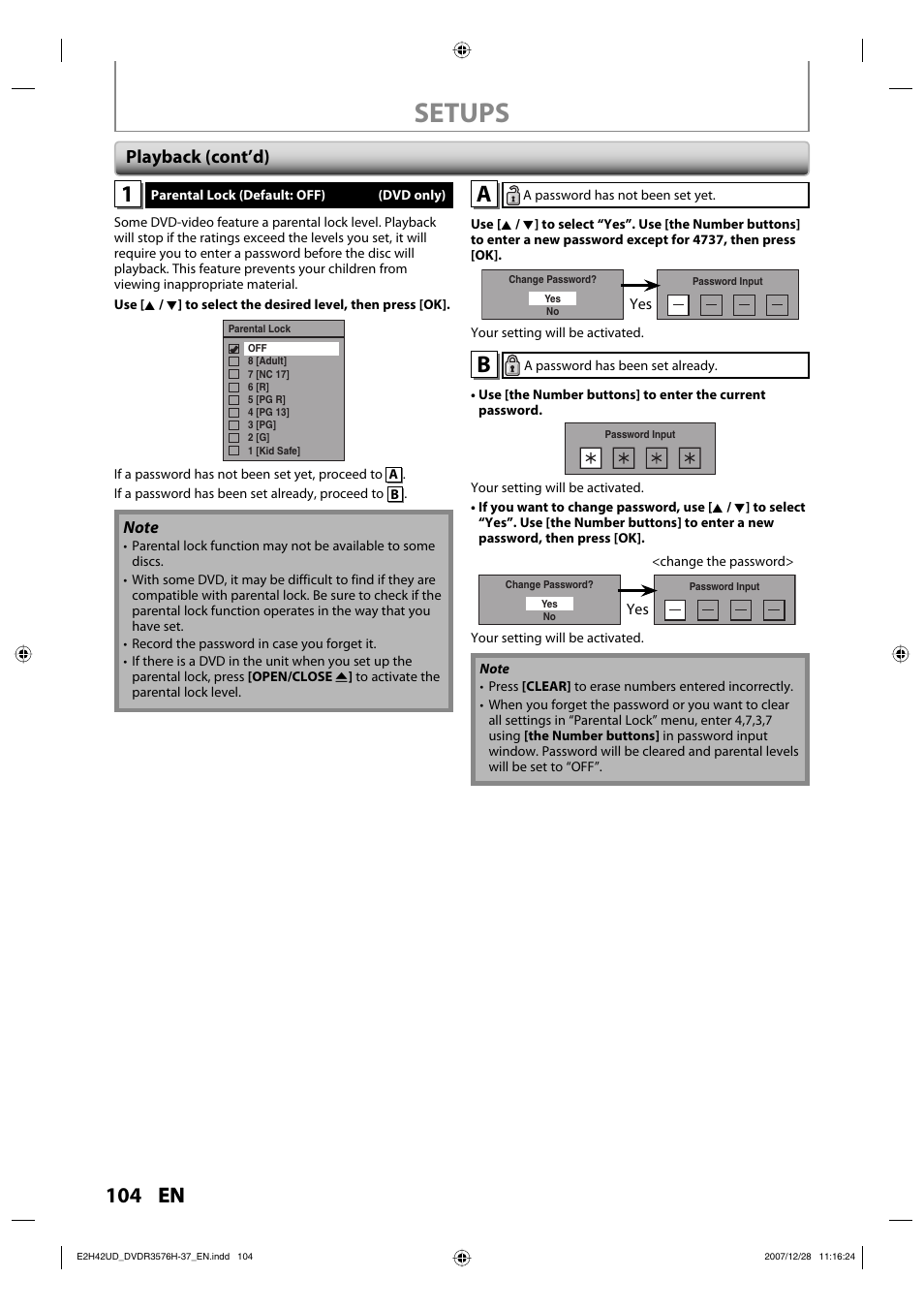 Setups, 104 en, Playback (cont’d) | Philips DVDR3576H-37B User Manual | Page 104 / 124