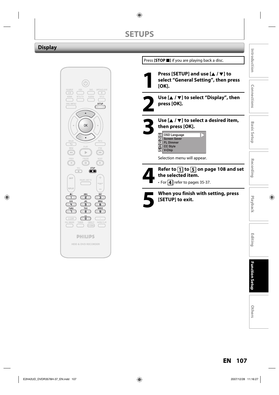 Setups | Philips DVDR3576H-37B User Manual | Page 107 / 124