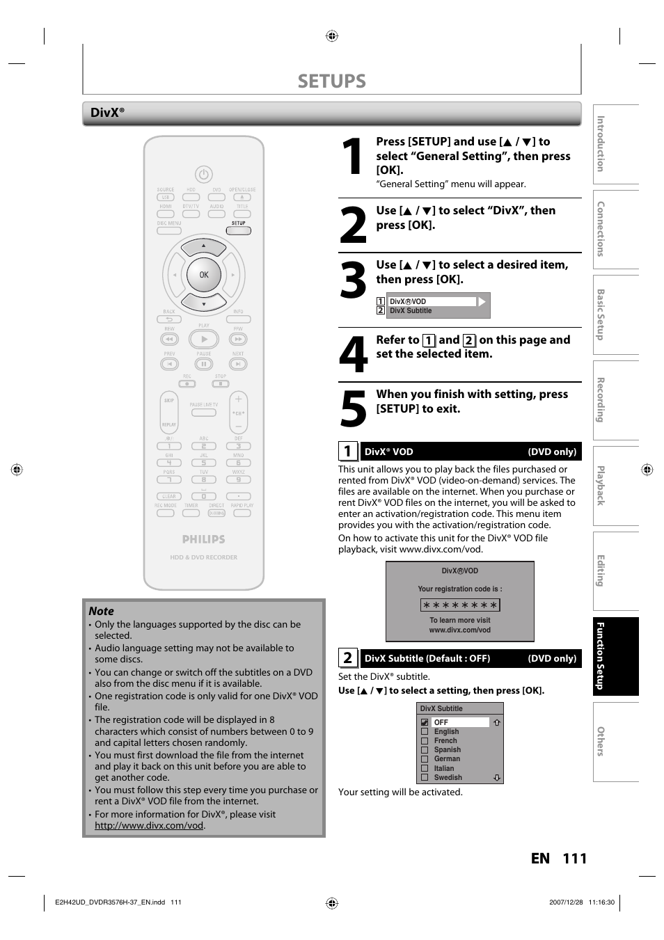 Setups | Philips DVDR3576H-37B User Manual | Page 111 / 124