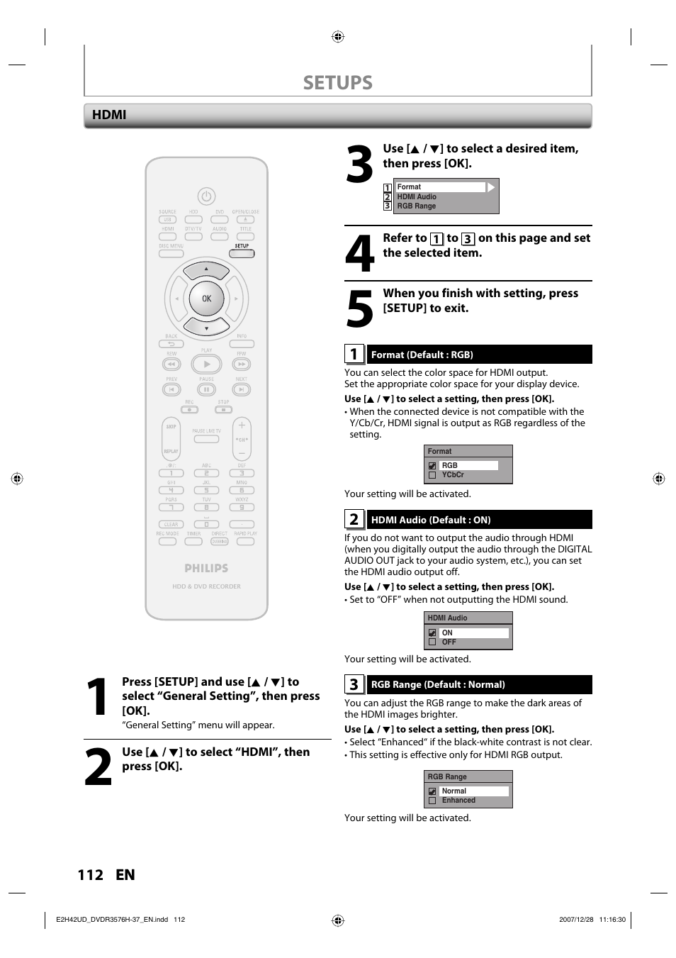 Setups | Philips DVDR3576H-37B User Manual | Page 112 / 124