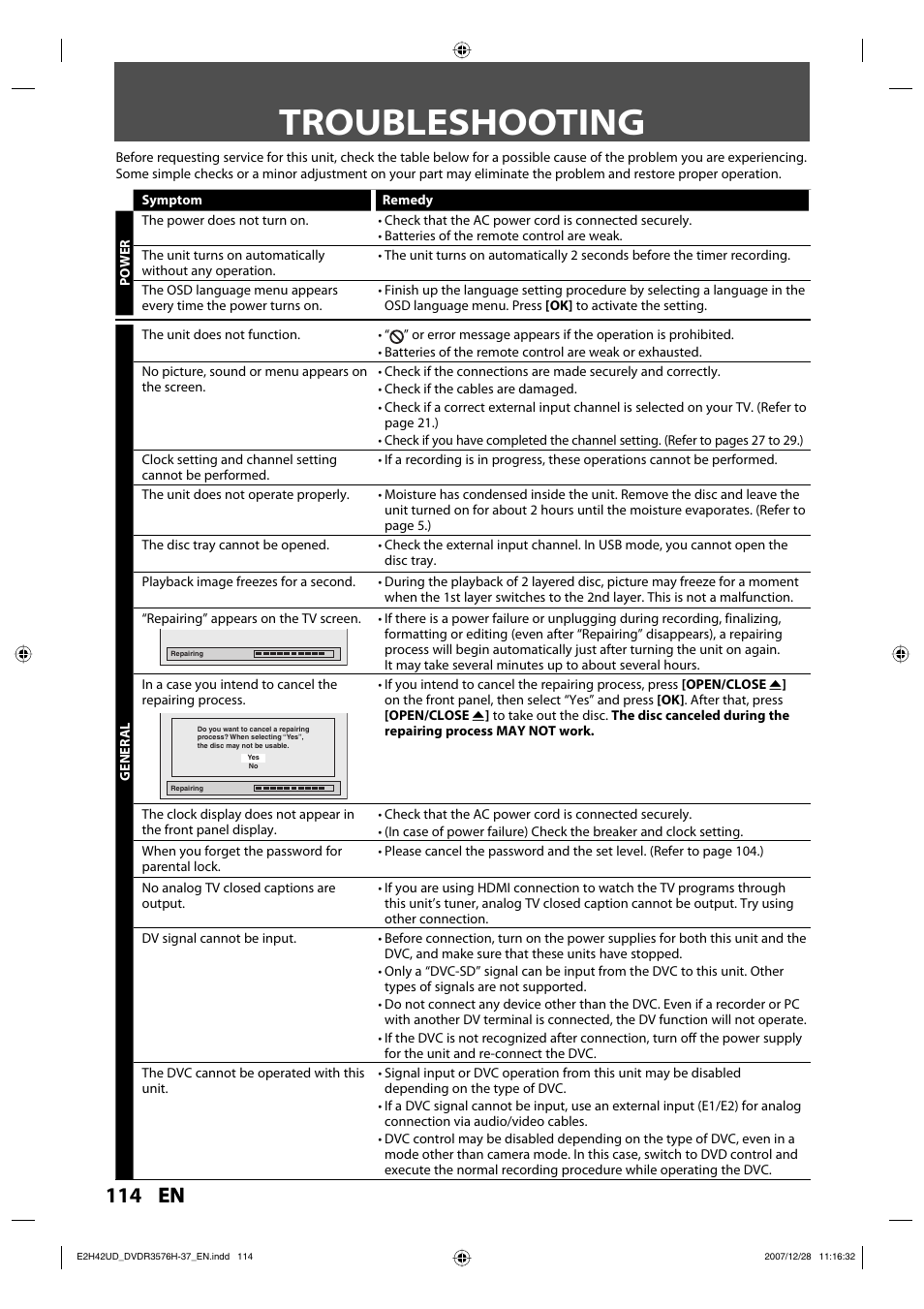 Troubleshooting, 114 en | Philips DVDR3576H-37B User Manual | Page 114 / 124