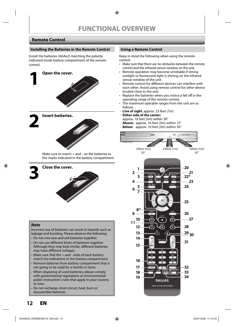 Functional overview, 12 en 12 en | Philips DVDR3576H-37B User Manual | Page 12 / 124