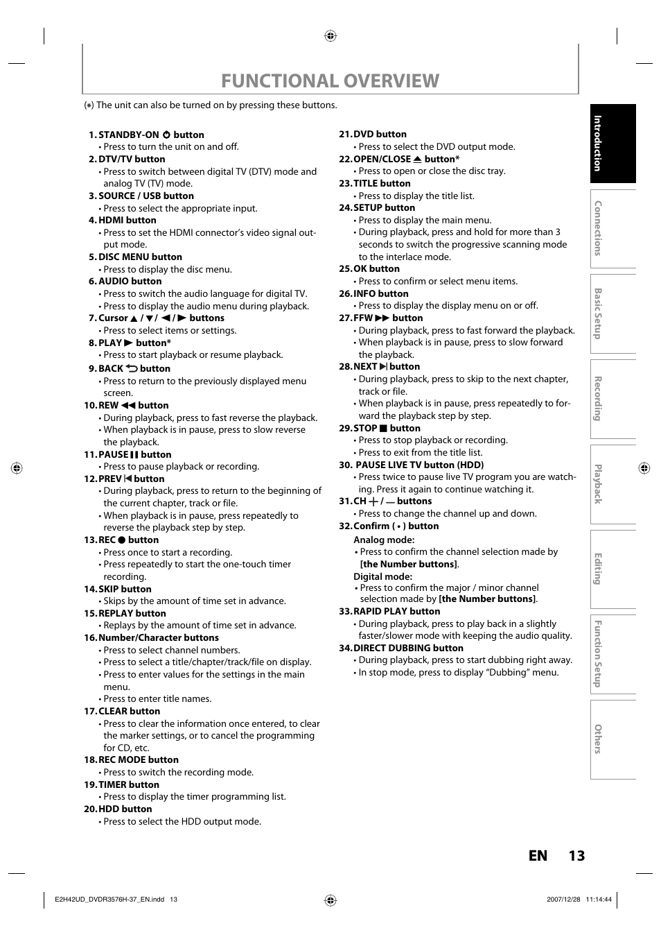 Functional overview, 13 en | Philips DVDR3576H-37B User Manual | Page 13 / 124