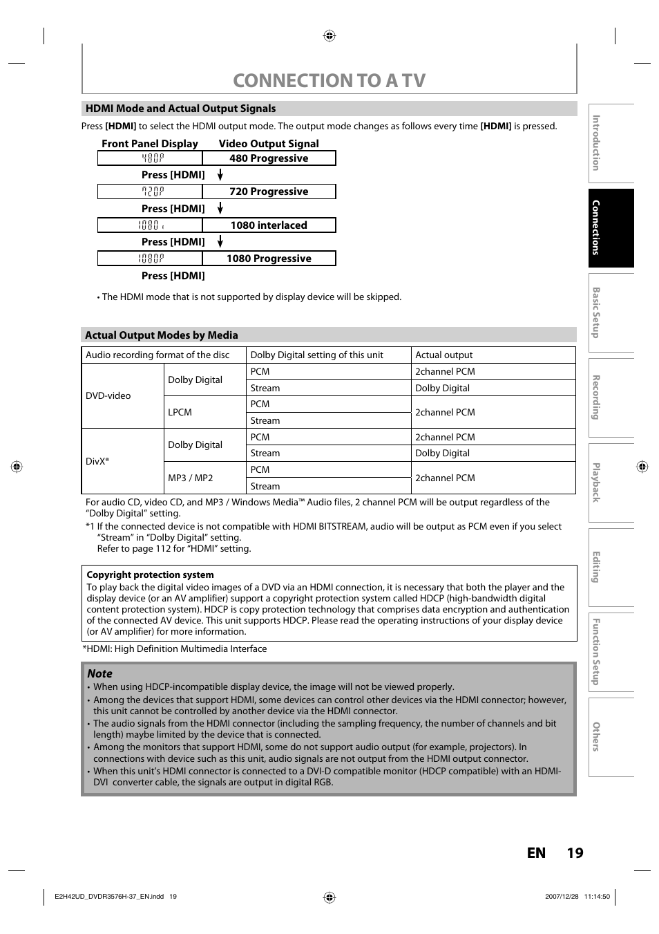 Connection to a tv, 19 en | Philips DVDR3576H-37B User Manual | Page 19 / 124