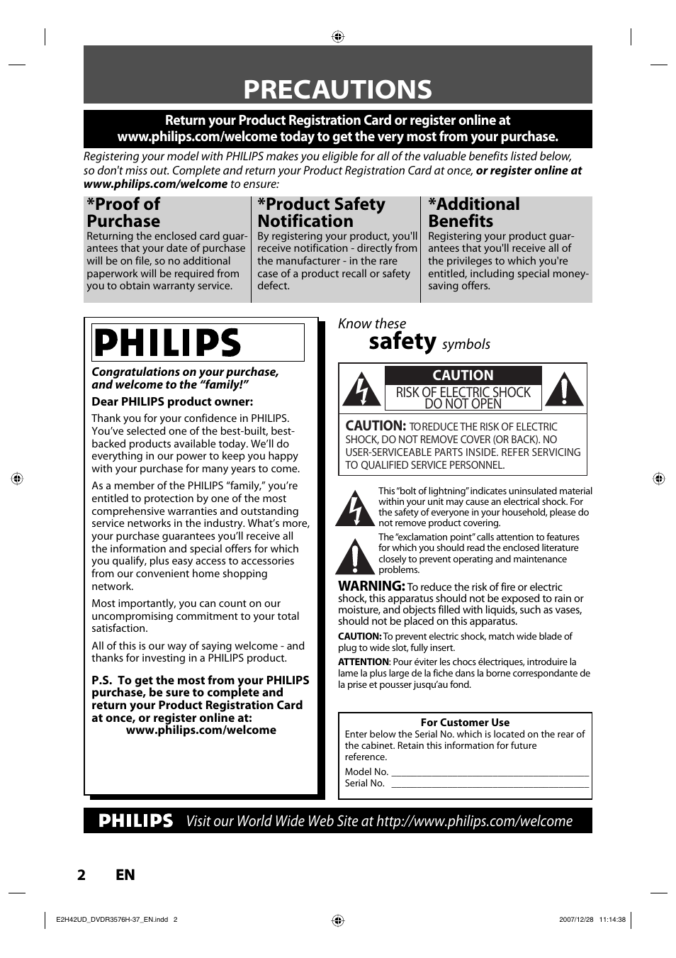 Precautions, Safety, Proof of purchase | Product safety notification, Additional benefits | Philips DVDR3576H-37B User Manual | Page 2 / 124