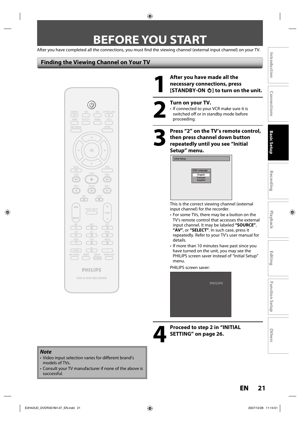 Before you start | Philips DVDR3576H-37B User Manual | Page 21 / 124