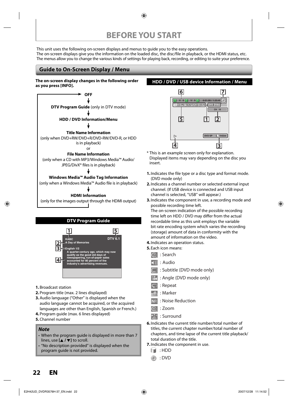 Before you start, 22 en 22 en, Guide to on-screen display / menu | Philips DVDR3576H-37B User Manual | Page 22 / 124