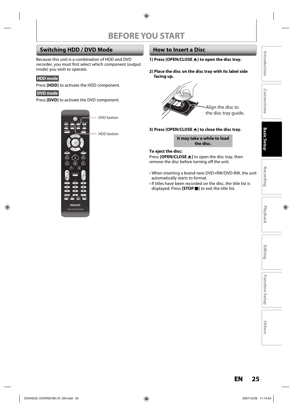 Before you start, 25 en, Switching hdd / dvd mode | How to insert a disc | Philips DVDR3576H-37B User Manual | Page 25 / 124