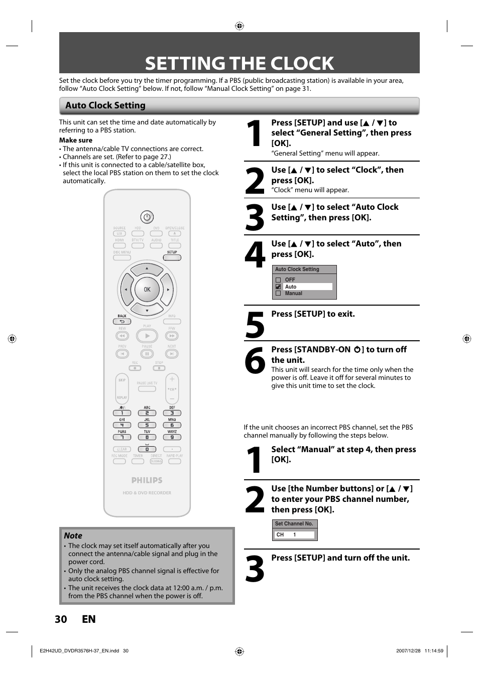 Setting the clock | Philips DVDR3576H-37B User Manual | Page 30 / 124