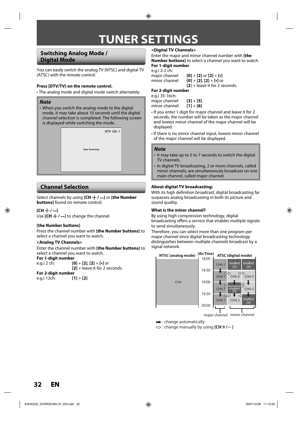 Tuner settings, 32 en 32 en, Switching analog mode / digital mode | Channel selection | Philips DVDR3576H-37B User Manual | Page 32 / 124