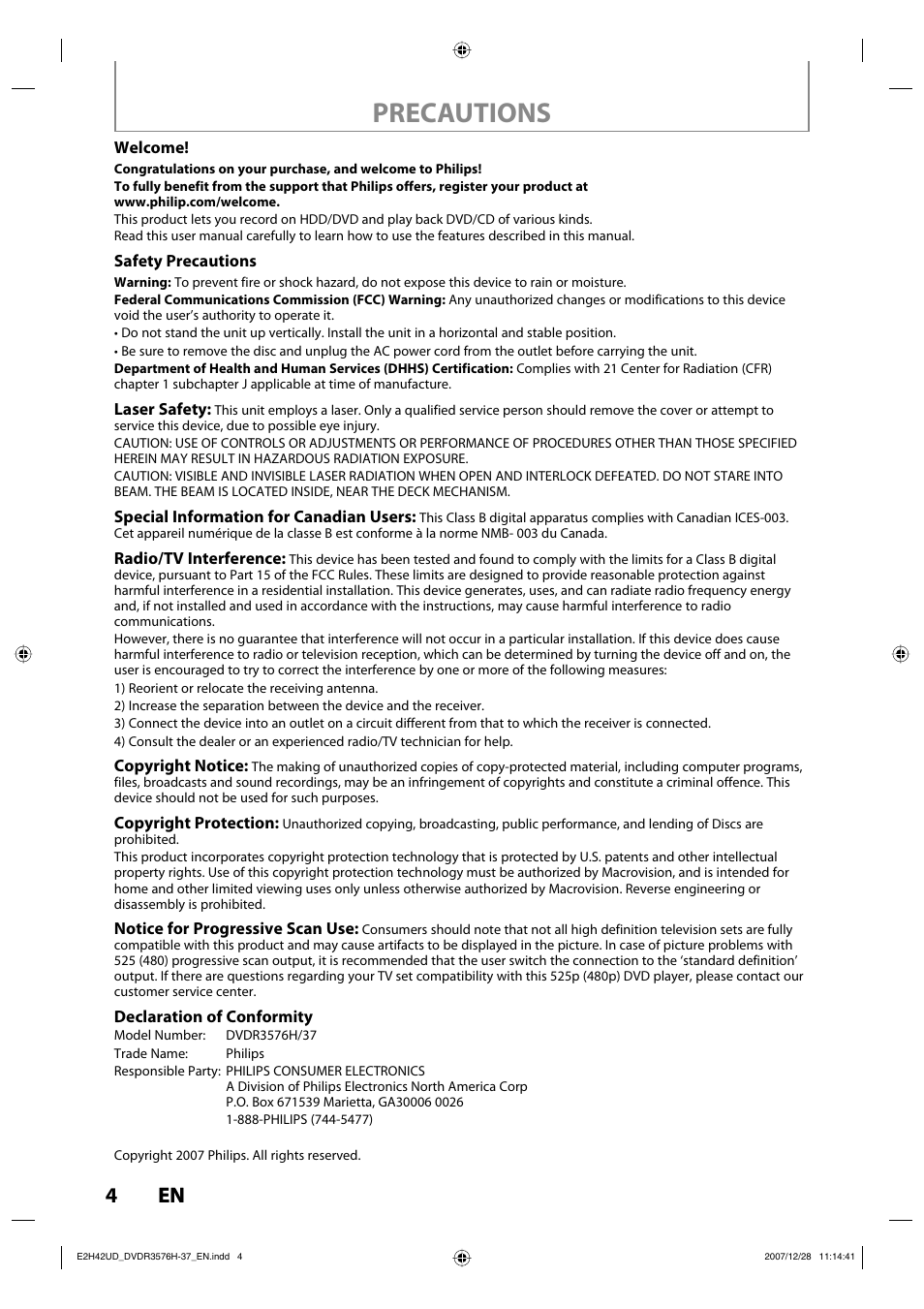 Precautions, 4en 4 en | Philips DVDR3576H-37B User Manual | Page 4 / 124