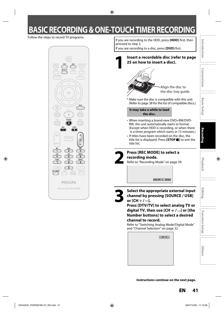 Basic recording & one-touch timer recording | Philips DVDR3576H-37B User Manual | Page 41 / 124