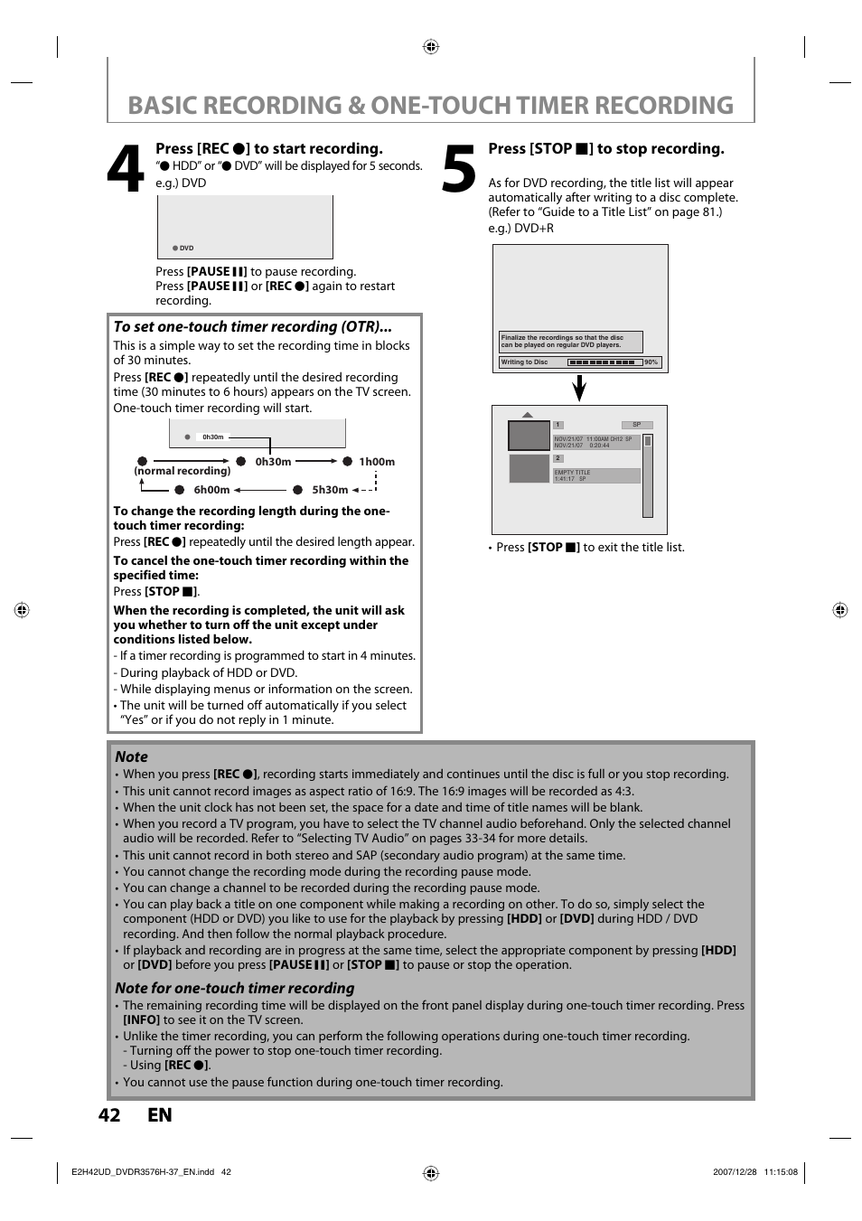 Basic recording & one-touch timer recording, 42 en 42 en | Philips DVDR3576H-37B User Manual | Page 42 / 124