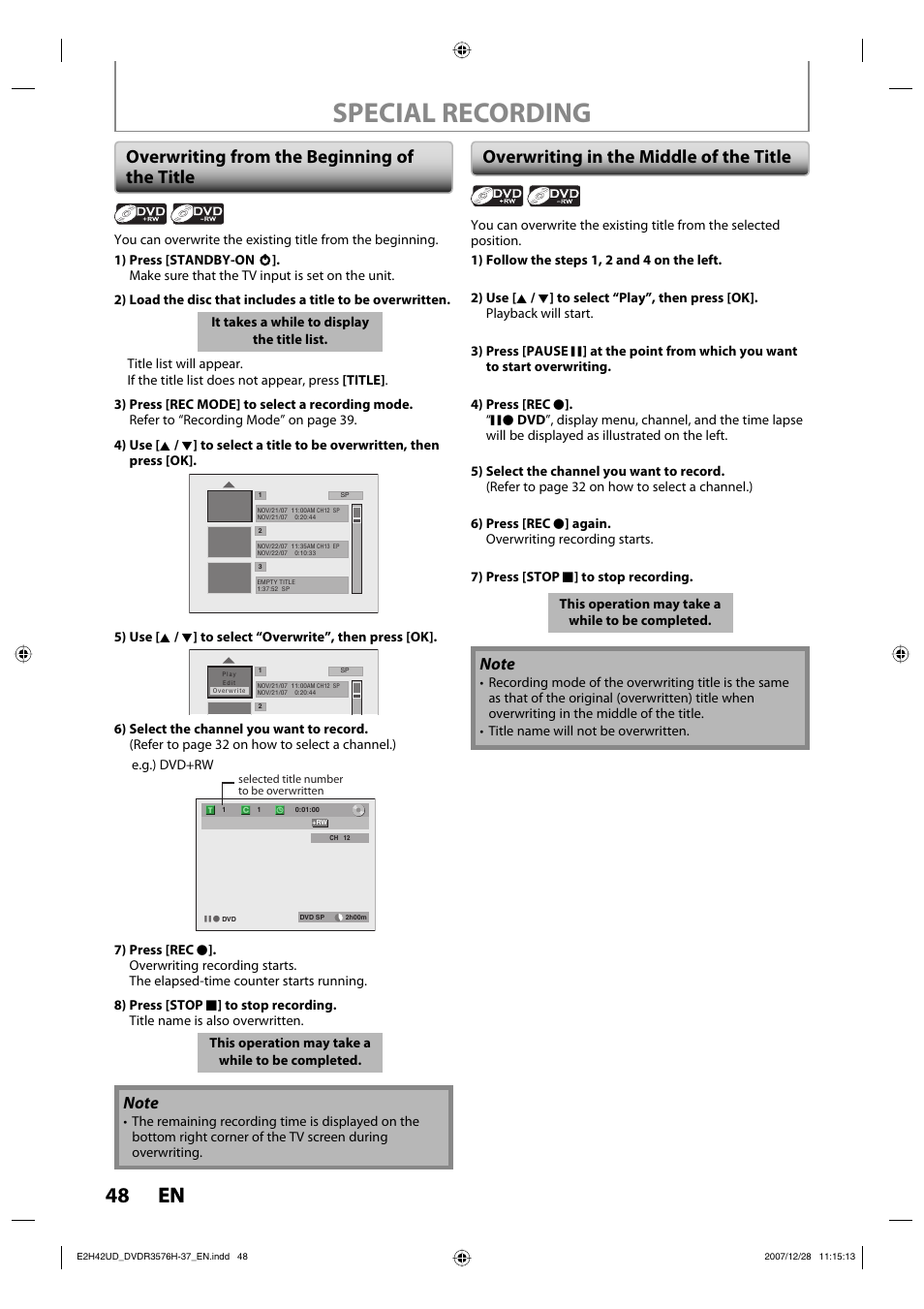 Special recording, 48 en 48 en, Overwriting from the beginning of the title | Overwriting in the middle of the title | Philips DVDR3576H-37B User Manual | Page 48 / 124