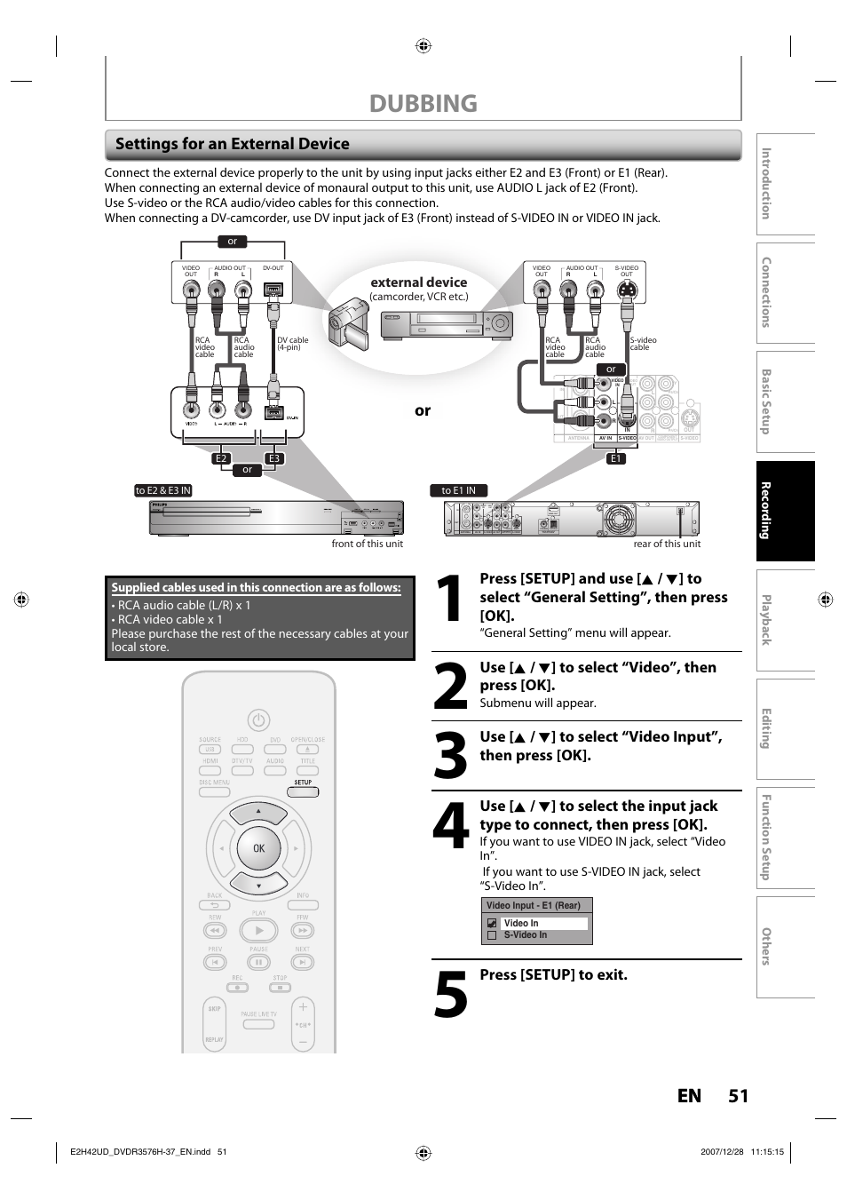 Dubbing, 51 en, Settings for an external device | Use [ k / l ] to select “video”, then press [ok, Press [setup] to exit, External device | Philips DVDR3576H-37B User Manual | Page 51 / 124