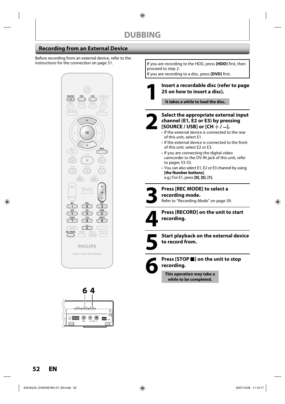 Dubbing | Philips DVDR3576H-37B User Manual | Page 52 / 124