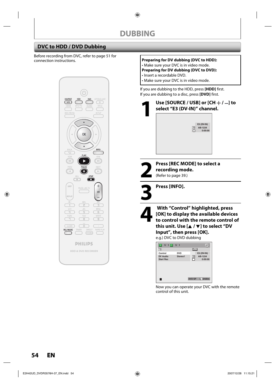 Dubbing | Philips DVDR3576H-37B User Manual | Page 54 / 124